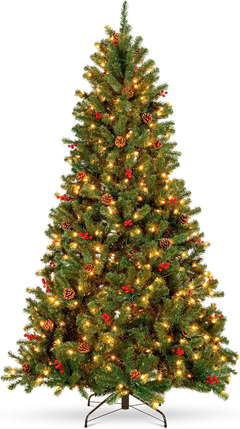 6ft Pre-Lit Pre-Decorated Spruce Hinged Artificial Christmas Tree w/ 798 Tips, Pinecones, Berries, 250 Lights, Metal Base