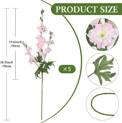 Light Pink Delphinium Artificial Flowers 5 PCS, 38.5" Tall Flowers for Floor Vase Pink Silk Flowers Realistic Artificial Snapdragon for Wedding Home Party Centerpiece for Table