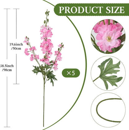 Light Pink Delphinium Artificial Flowers 5 PCS, 38.5" Tall Flowers for Floor Vase Pink Silk Flowers Realistic Artificial Snapdragon for Wedding Home Party Centerpiece for Table