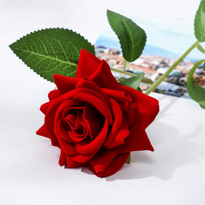 Velvet Artificial Flowers Rose, Single Rose Real to Touch Fake Silk 3.15” Flower Head with Long Stem for Women Wedding Mother Valentine Gift Home Decor Anniversary(Red)