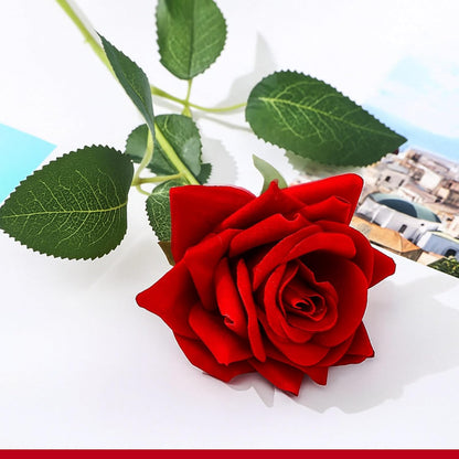 Velvet Artificial Flowers Rose, Single Rose Real to Touch Fake Silk 3.15” Flower Head with Long Stem for Women Wedding Mother Valentine Gift Home Decor Anniversary(Red)