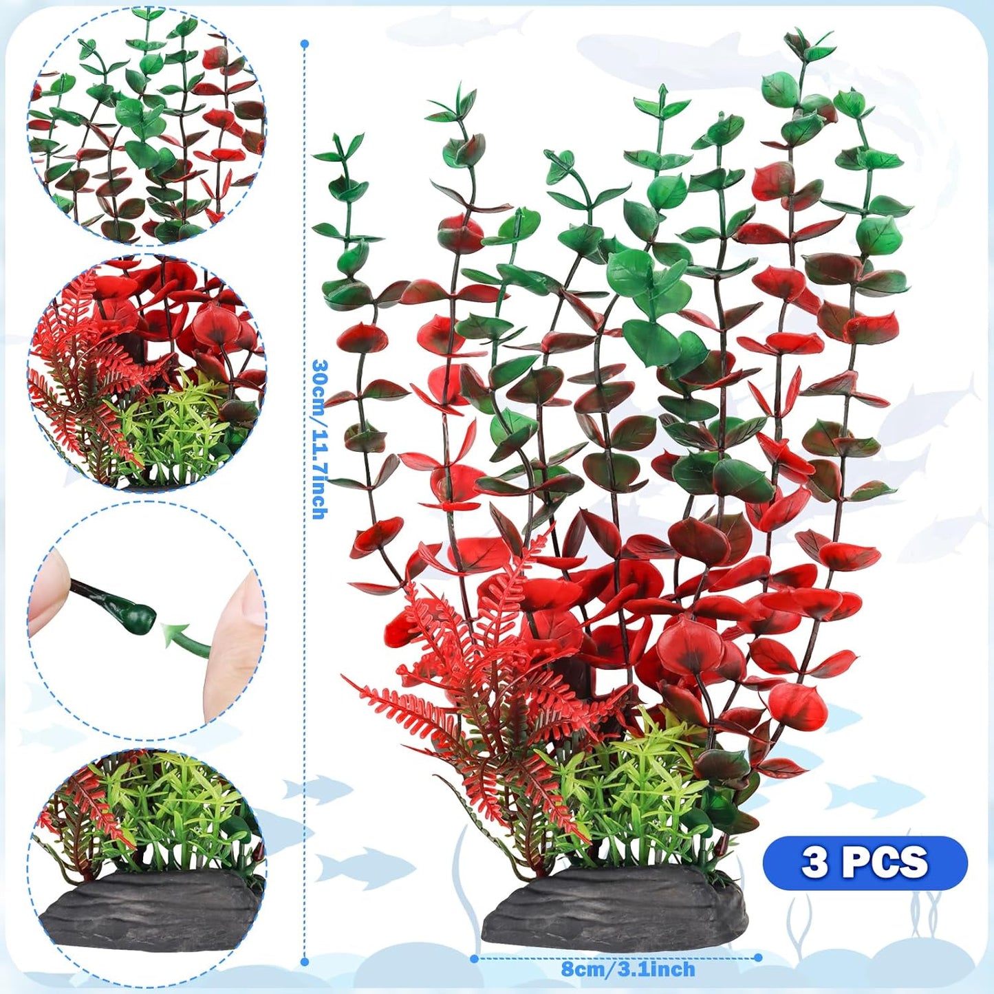 Aquarium Large Plants Decoration, Aquarium Decorations Artificial Plastic Plants, Dark Red Fish Tank Accessories 3pcs