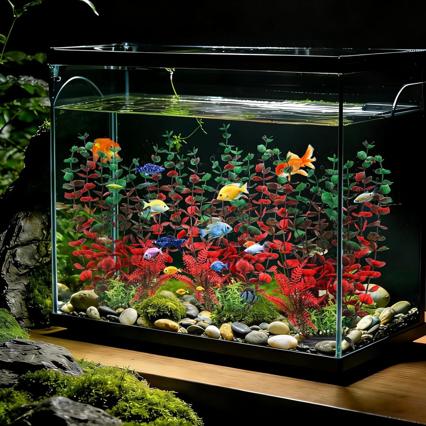 Aquarium Large Plants Decoration, Aquarium Decorations Artificial Plastic Plants, Dark Red Fish Tank Accessories 3pcs