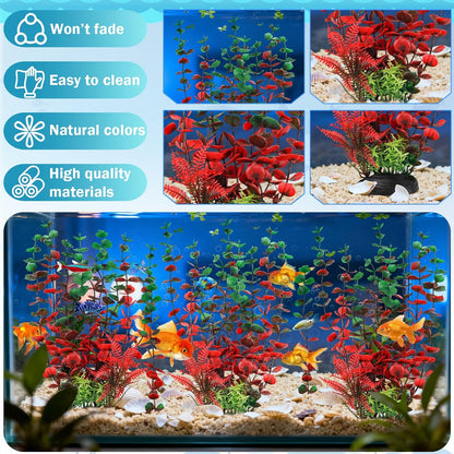 Aquarium Large Plants Decoration, Aquarium Decorations Artificial Plastic Plants, Dark Red Fish Tank Accessories 3pcs