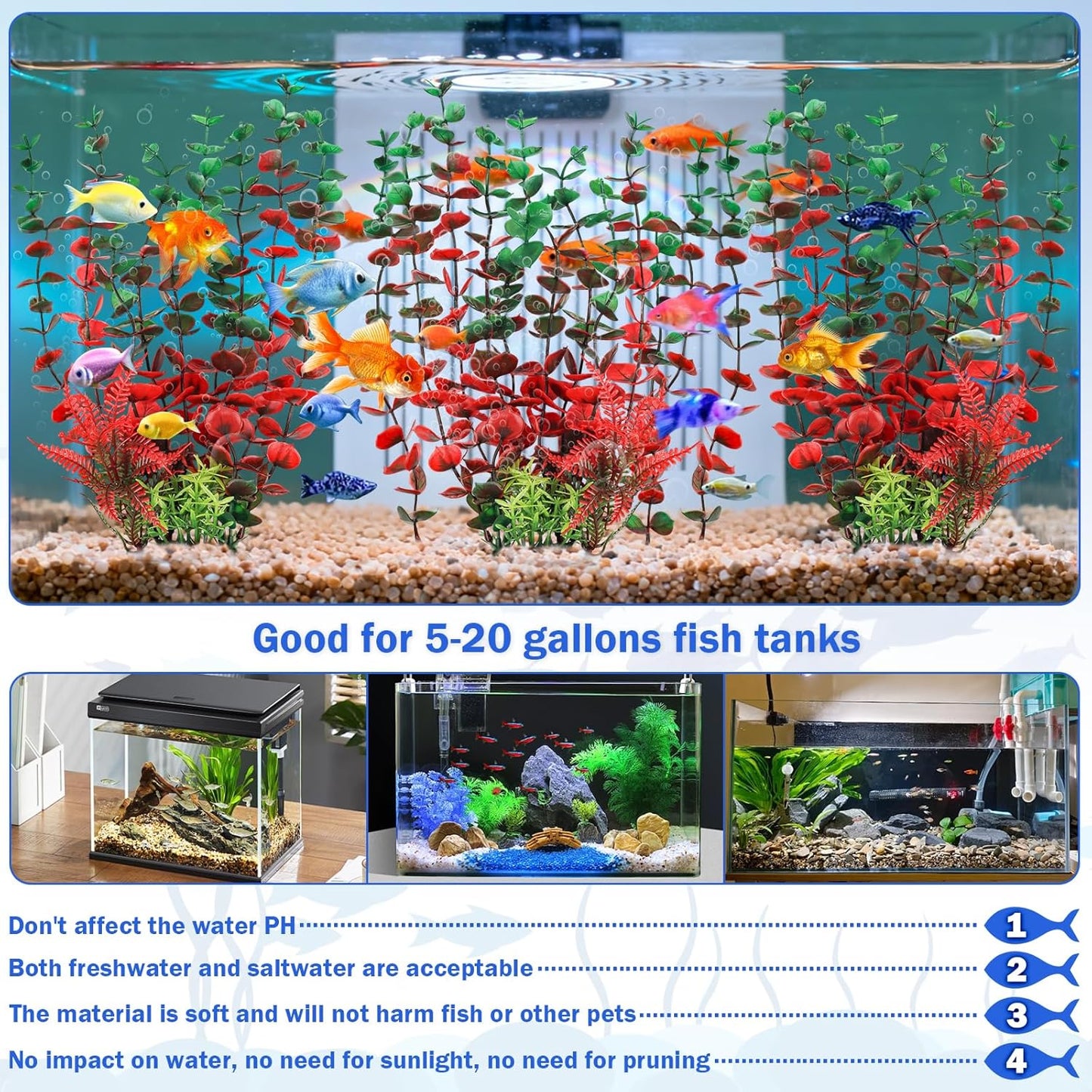 Aquarium Large Plants Decoration, Aquarium Decorations Artificial Plastic Plants, Dark Red Fish Tank Accessories 3pcs