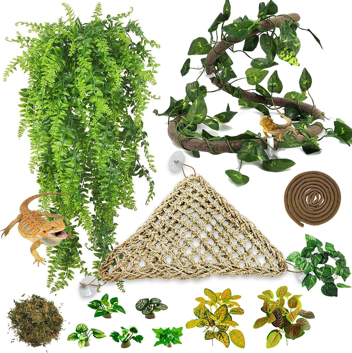 Reptile Plants Sets, Bearded Dragon Hammock, Terrarium Hanging Plant Vines Artificial Leaves, Reptile Habitat Climbing Decorations for Chameleons, Lizards, Geckos, Snakes