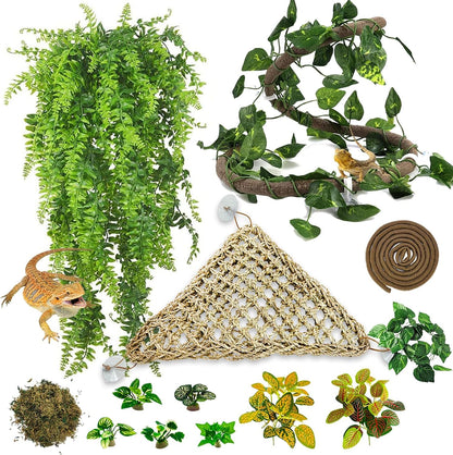Reptile Plants Sets, Bearded Dragon Hammock, Terrarium Hanging Plant Vines Artificial Leaves, Reptile Habitat Climbing Decorations for Chameleons, Lizards, Geckos, Snakes