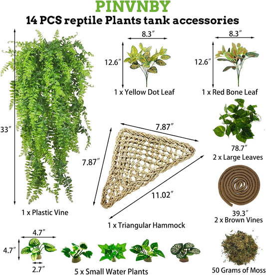Reptile Plants Sets, Bearded Dragon Hammock, Terrarium Hanging Plant Vines Artificial Leaves, Reptile Habitat Climbing Decorations for Chameleons, Lizards, Geckos, Snakes