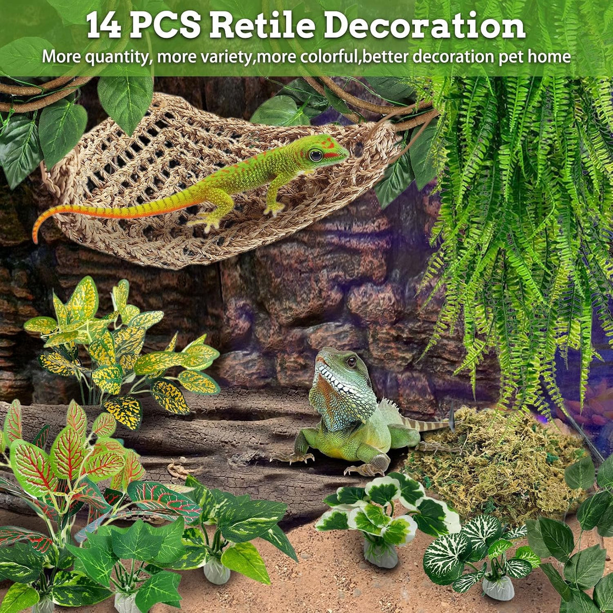 Reptile Plants Sets, Bearded Dragon Hammock, Terrarium Hanging Plant Vines Artificial Leaves, Reptile Habitat Climbing Decorations for Chameleons, Lizards, Geckos, Snakes