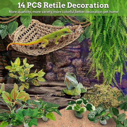 Reptile Plants Sets, Bearded Dragon Hammock, Terrarium Hanging Plant Vines Artificial Leaves, Reptile Habitat Climbing Decorations for Chameleons, Lizards, Geckos, Snakes