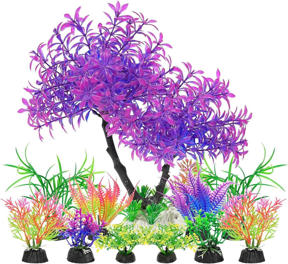 Artificial Aquarium Plants, Fish Tank Purple Tree Decoration Set, Plastic Accessories, 11pcs