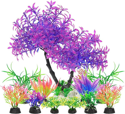 Artificial Aquarium Plants, Fish Tank Purple Tree Decoration Set, Plastic Accessories, 11pcs