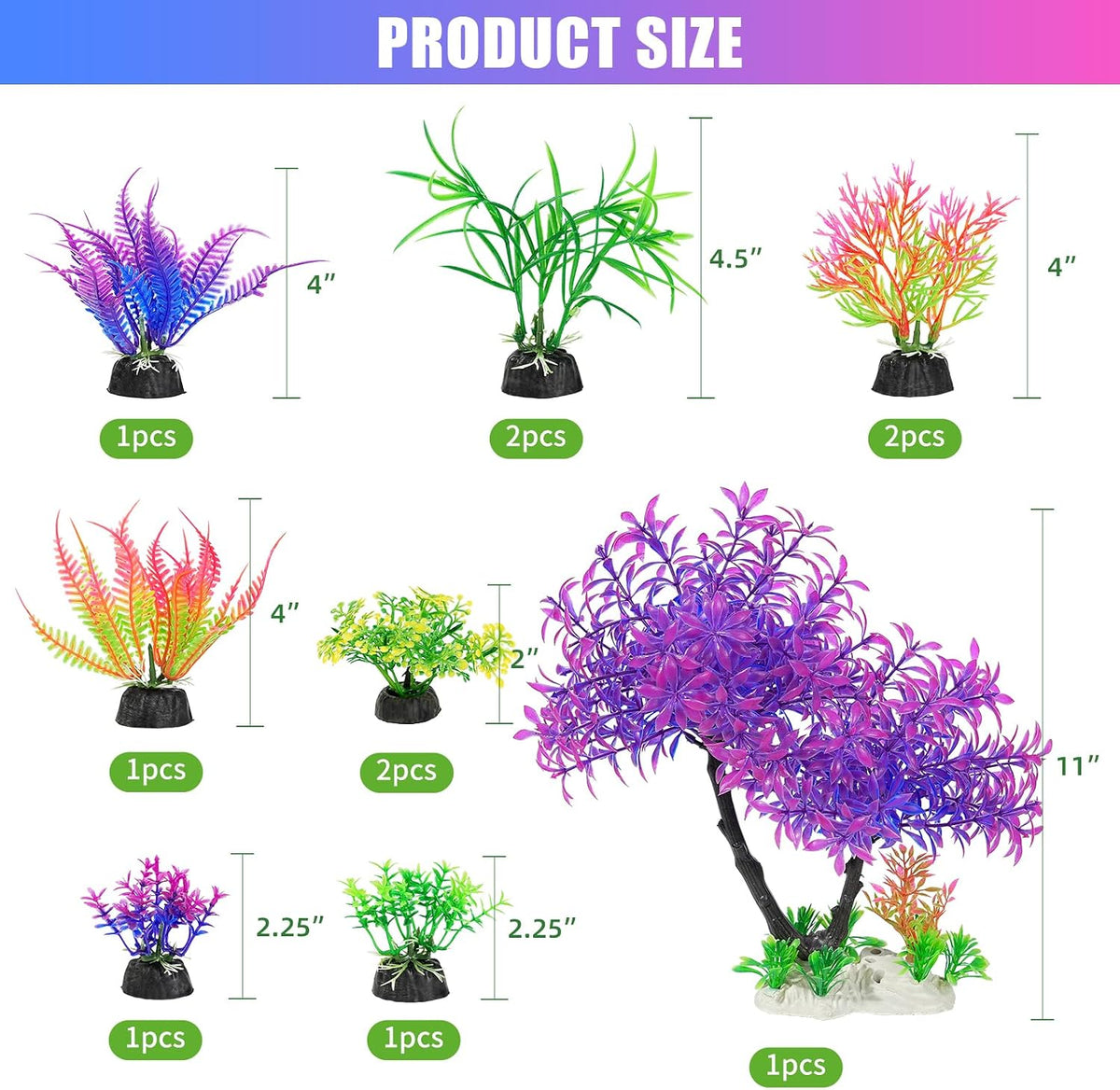 Artificial Aquarium Plants, Fish Tank Purple Tree Decoration Set, Plastic Accessories, 11pcs