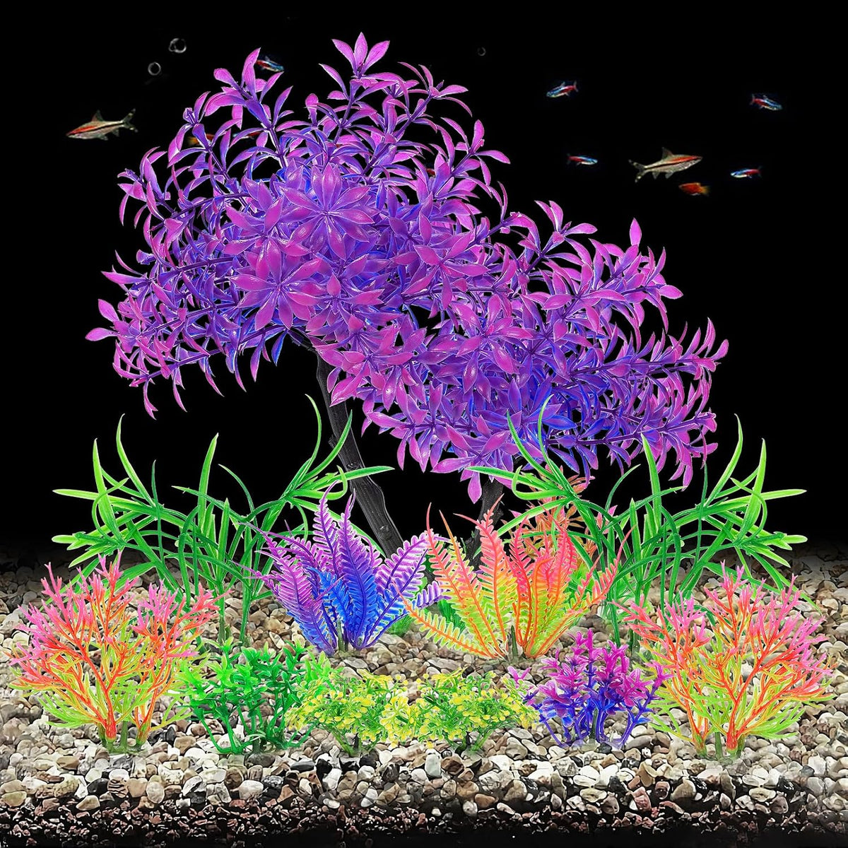 Artificial Aquarium Plants, Fish Tank Purple Tree Decoration Set, Plastic Accessories, 11pcs