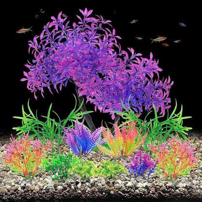 Artificial Aquarium Plants, Fish Tank Purple Tree Decoration Set, Plastic Accessories, 11pcs