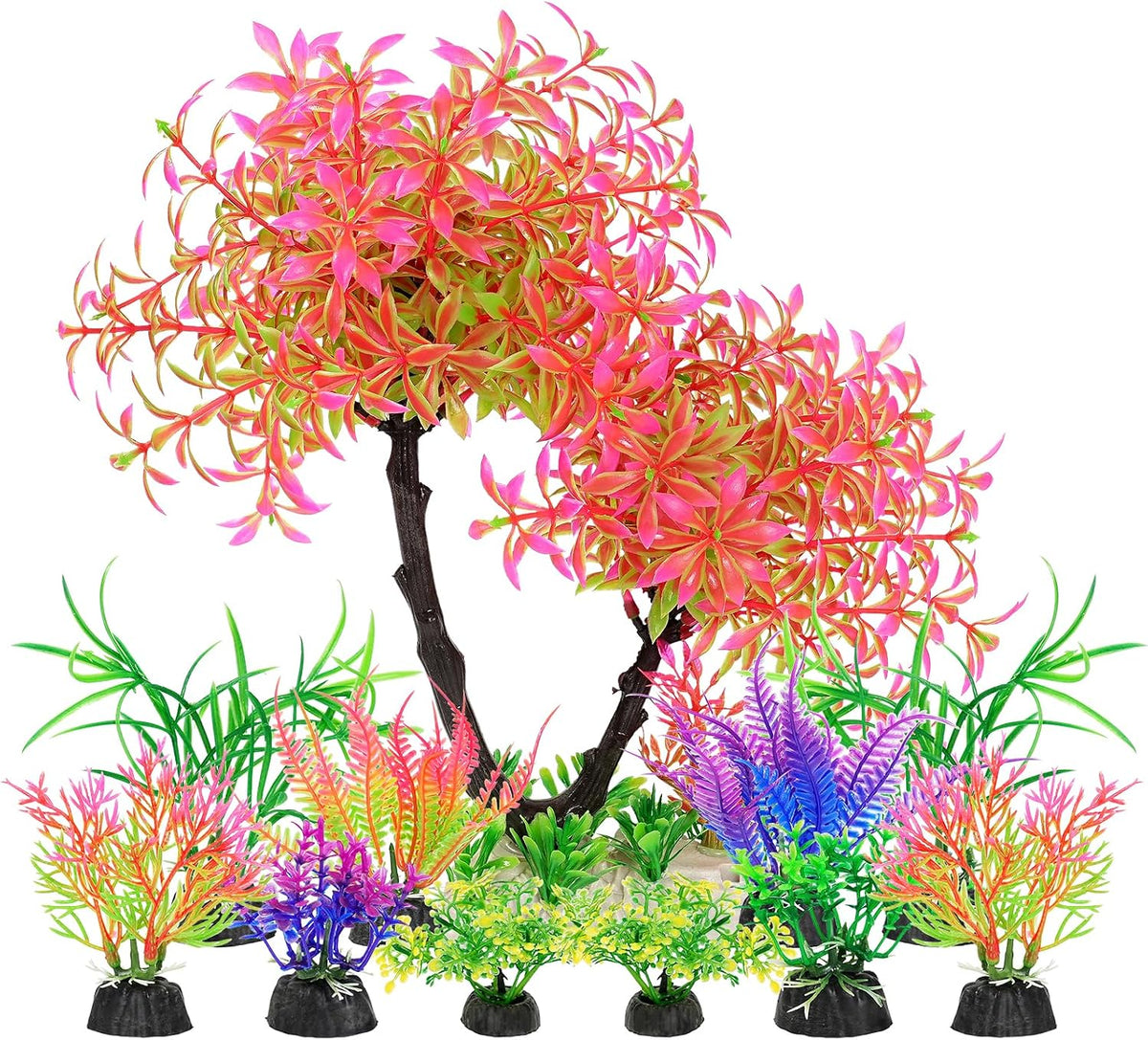 Artificial Aquarium Plants, Fish Tank Purple Tree Decoration Set, Plastic Accessories, 11pcs