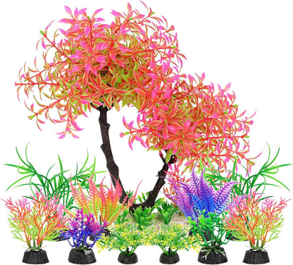 Artificial Aquarium Plants, Fish Tank Purple Tree Decoration Set, Plastic Accessories, 11pcs