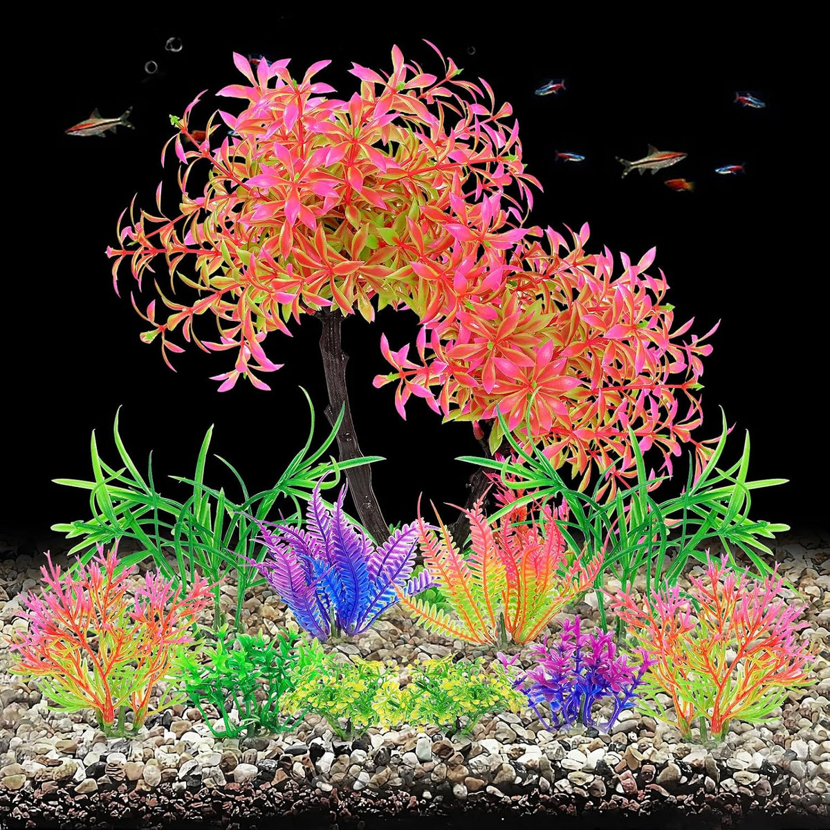 Artificial Aquarium Plants, Fish Tank Purple Tree Decoration Set, Plastic Accessories, 11pcs