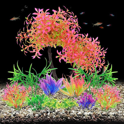Artificial Aquarium Plants, Fish Tank Purple Tree Decoration Set, Plastic Accessories, 11pcs