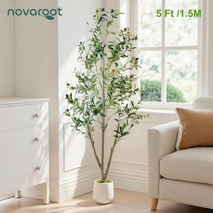 Olive Trees Artificial Indoor, 5FT Tall Faux Olive Tree with Moss and Planter, Artificial Plants Indoor with Realistic Silk Leaves and Lifelike Fruits, Fake Tree for Home Office Living Room Decor