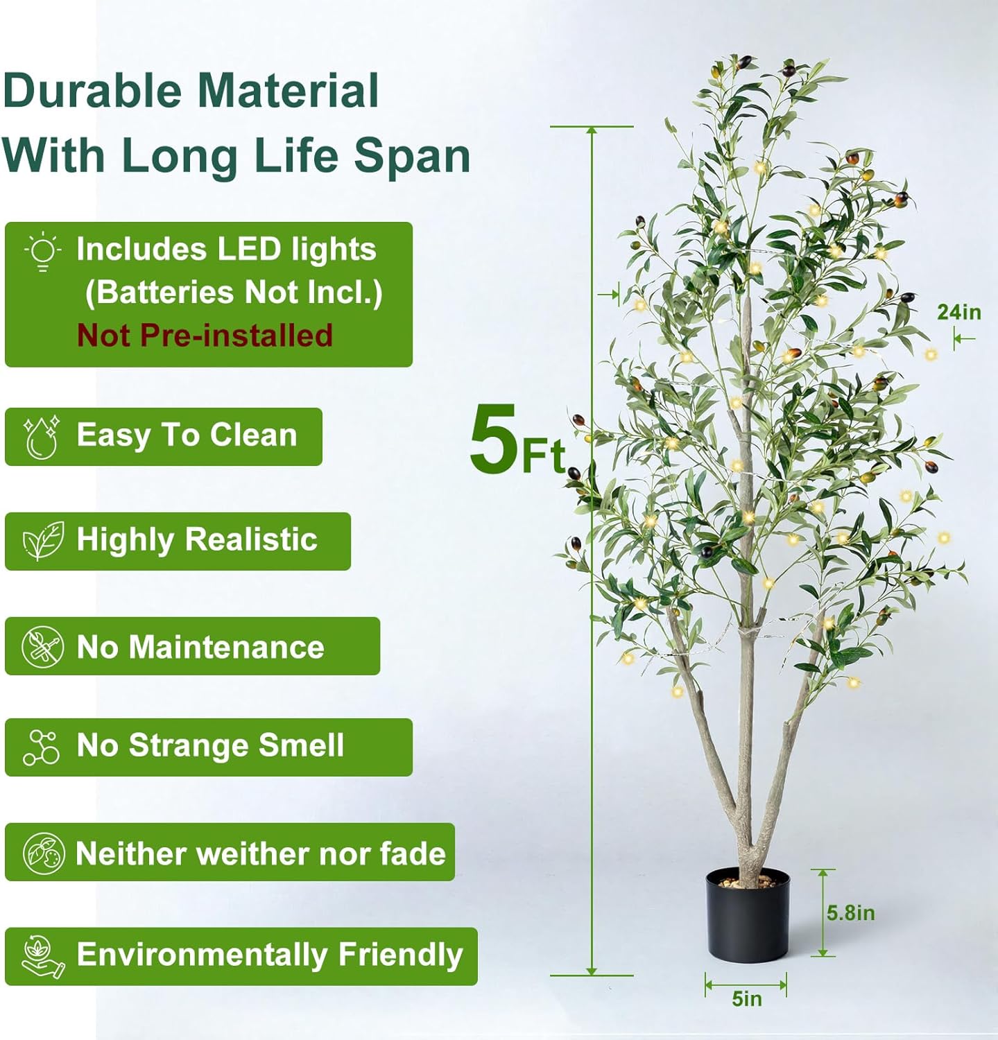 Olive Trees Artificial Indoor, 5FT Tall Faux Olive Tree with Moss and Planter, Artificial Plants Indoor with Realistic Silk Leaves and Lifelike Fruits, Fake Tree for Home Office Living Room Decor
