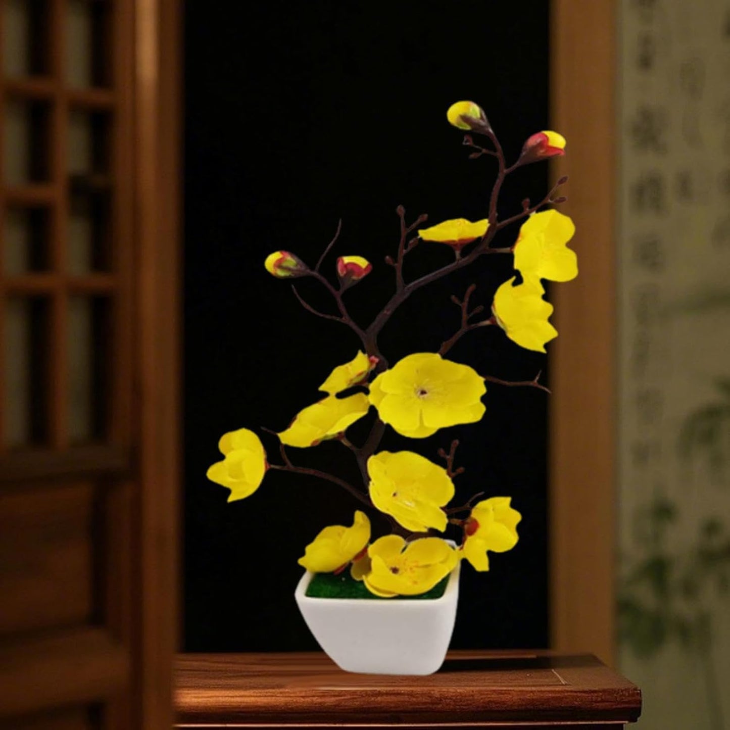 Realistic Potted Plum Blossom, Artificial Plum Blossom Bonsai Pot, Lightweight Fake Plant Potted Arrangement for Living Room, Yellow
