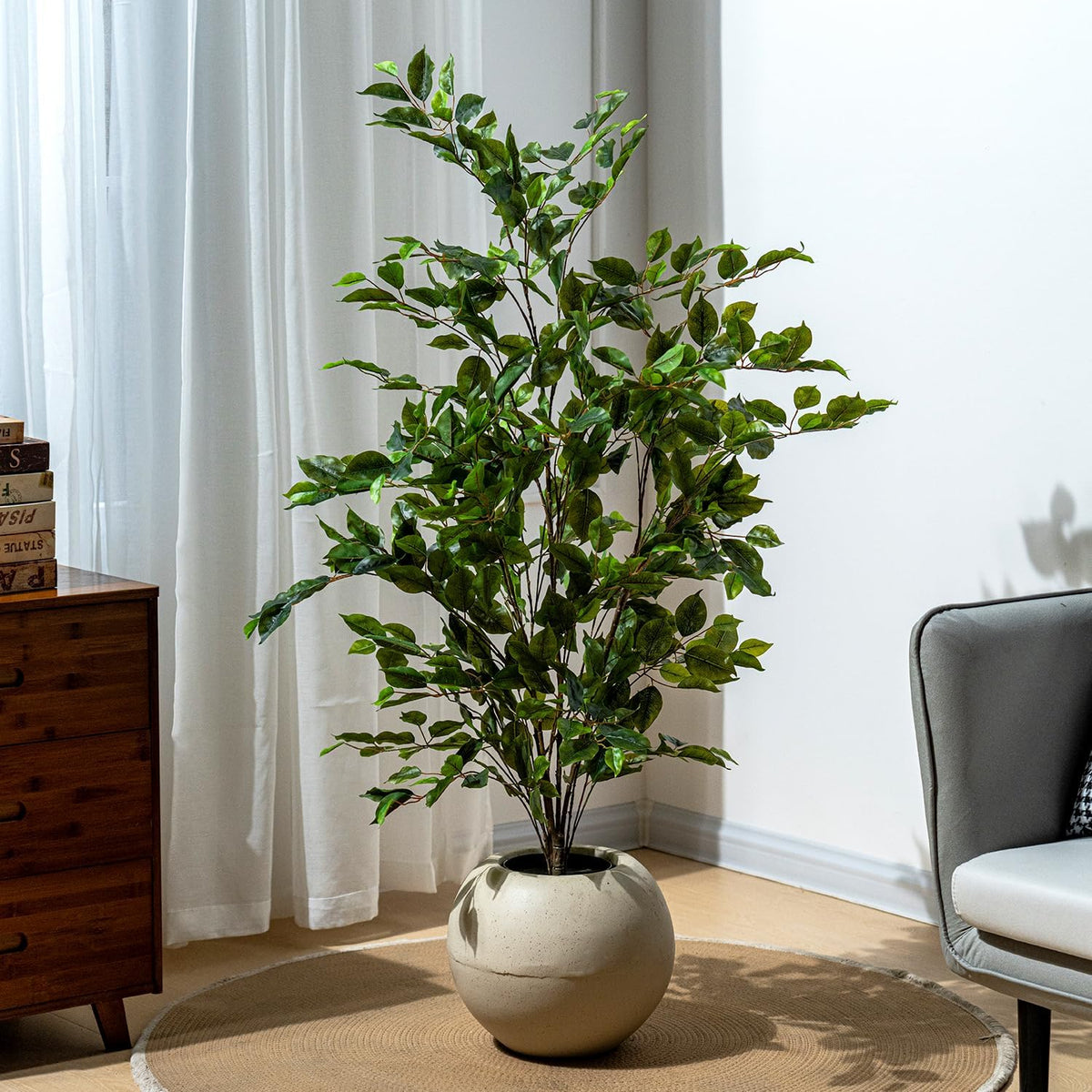 Artificial Ficus Tree Indoor 4ft, Large Potted Faux Tree with Realistic Silk Leaves & Trunk for Home Office, Living Room Corner Decor