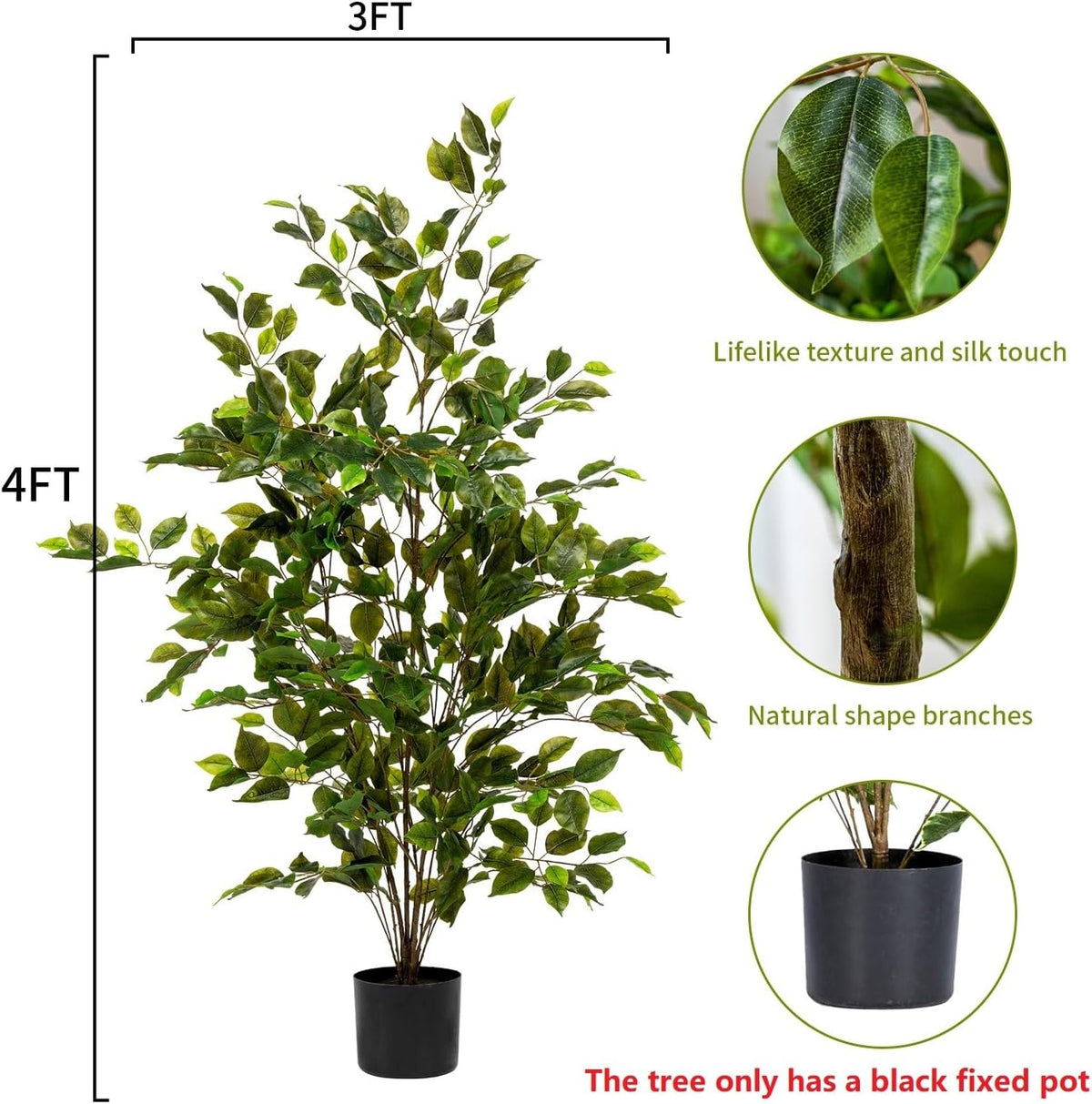 Artificial Ficus Tree Indoor 4ft, Large Potted Faux Tree with Realistic Silk Leaves & Trunk for Home Office, Living Room Corner Decor