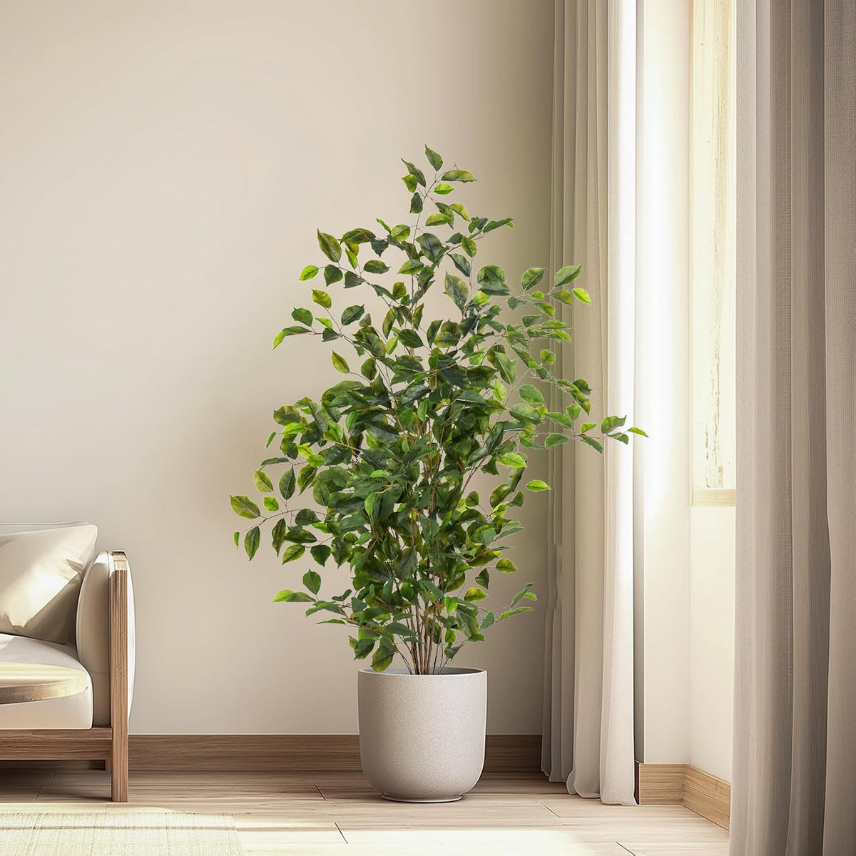 Artificial Ficus Tree Indoor 4ft, Large Potted Faux Tree with Realistic Silk Leaves & Trunk for Home Office, Living Room Corner Decor