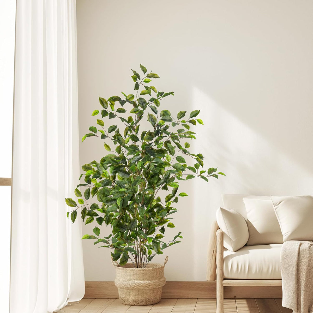 Artificial Ficus Tree Indoor 4ft, Large Potted Faux Tree with Realistic Silk Leaves & Trunk for Home Office, Living Room Corner Decor