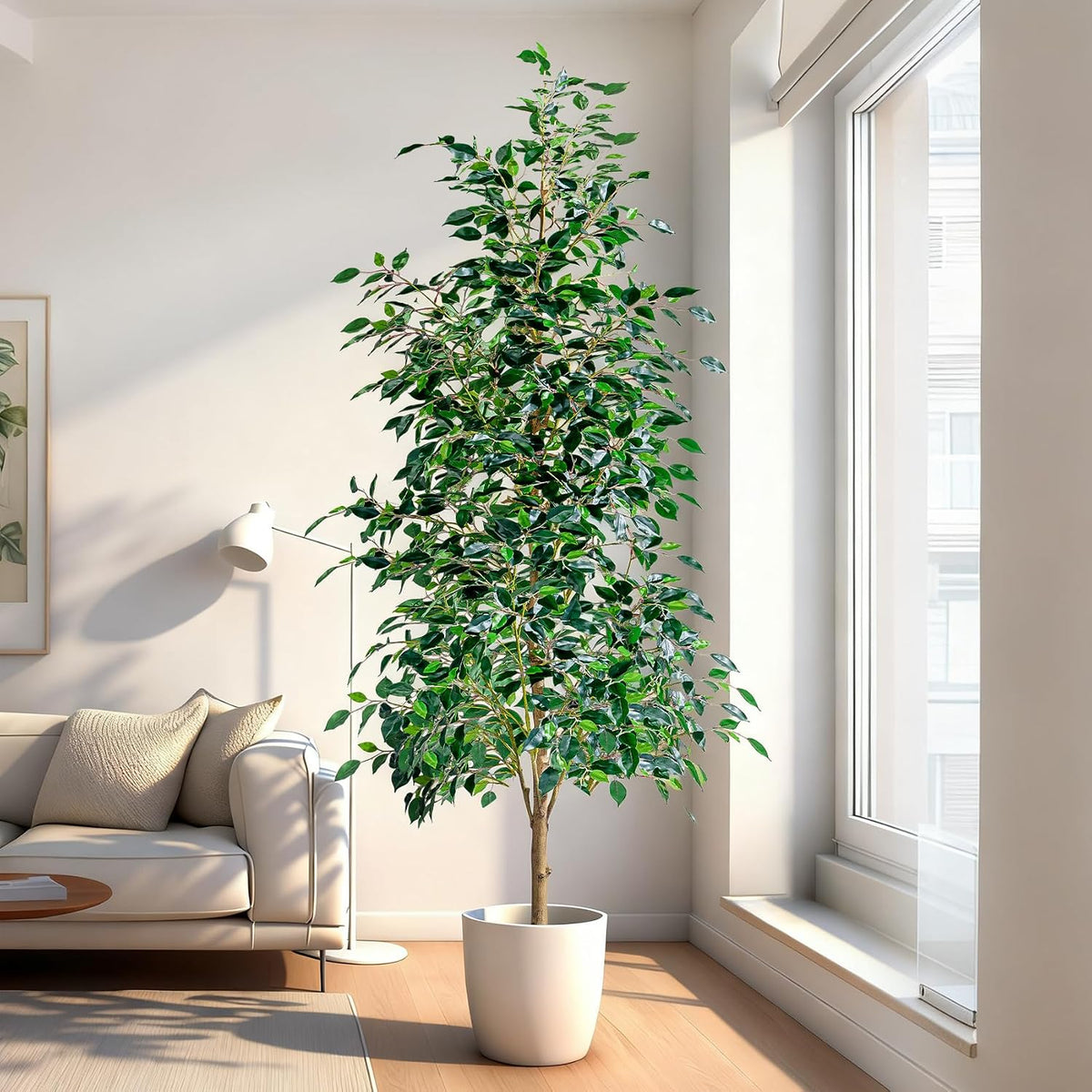 Artificial Ficus Tree Indoor 4ft, Large Potted Faux Tree with Realistic Silk Leaves & Trunk for Home Office, Living Room Corner Decor