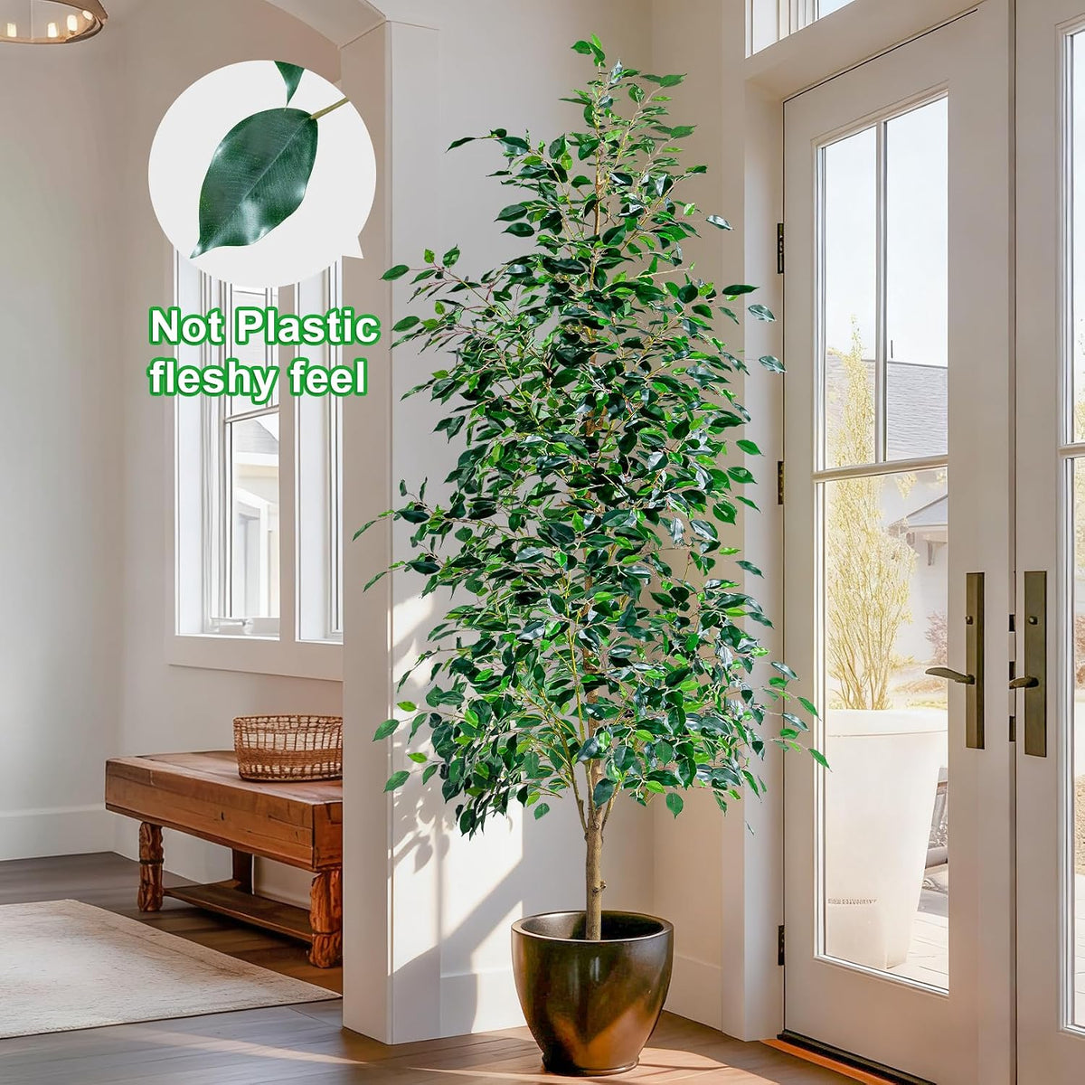 Artificial Ficus Tree Indoor 4ft, Large Potted Faux Tree with Realistic Silk Leaves & Trunk for Home Office, Living Room Corner Decor
