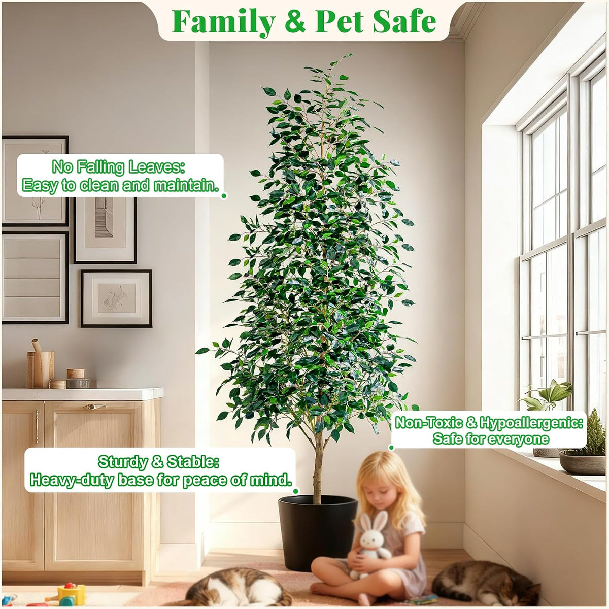 Artificial Ficus Tree Indoor 4ft, Large Potted Faux Tree with Realistic Silk Leaves & Trunk for Home Office, Living Room Corner Decor