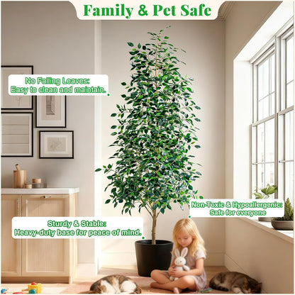 Artificial Ficus Tree Indoor 4ft, Large Potted Faux Tree with Realistic Silk Leaves & Trunk for Home Office, Living Room Corner Decor