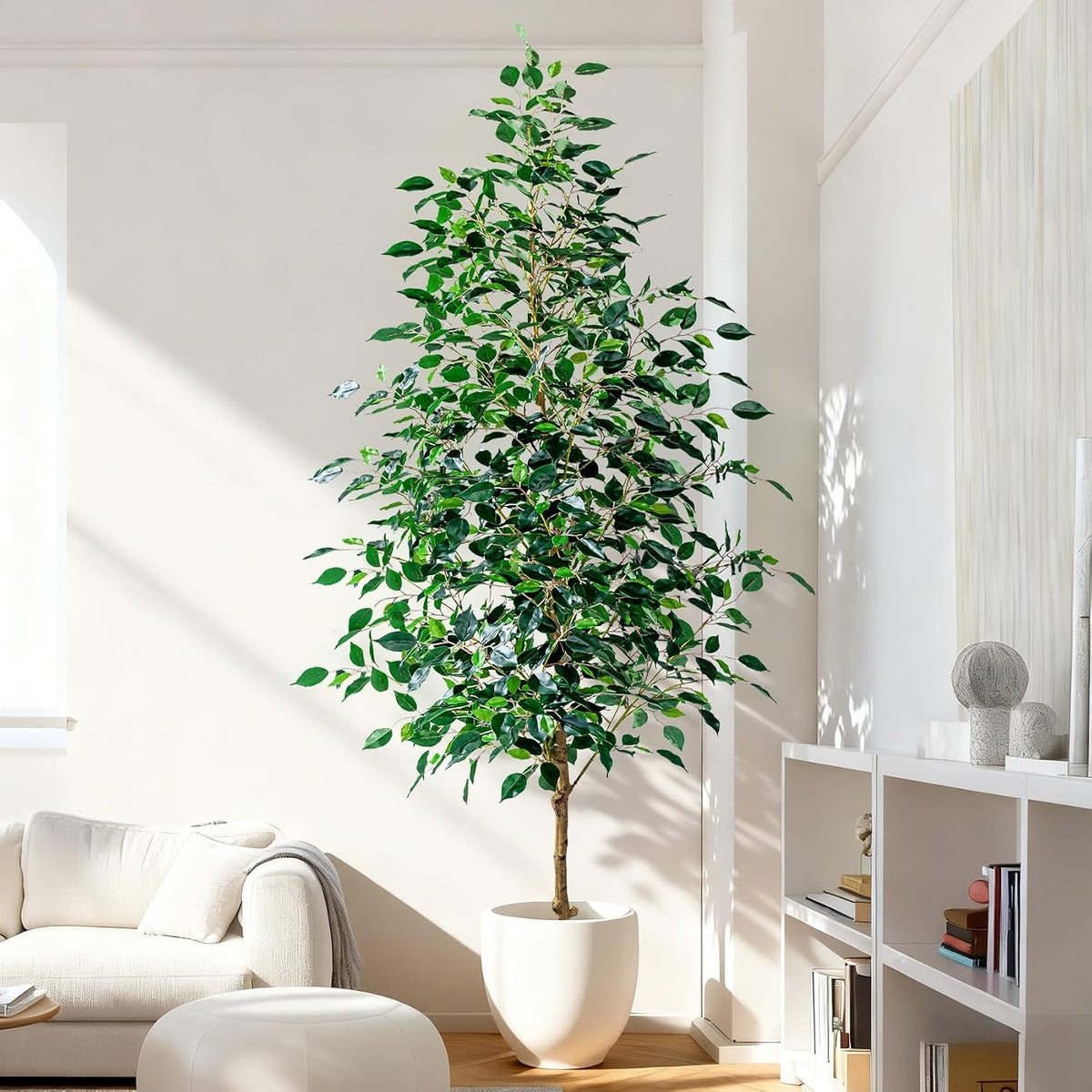 Artificial Ficus Tree Indoor 4ft, Large Potted Faux Tree with Realistic Silk Leaves & Trunk for Home Office, Living Room Corner Decor