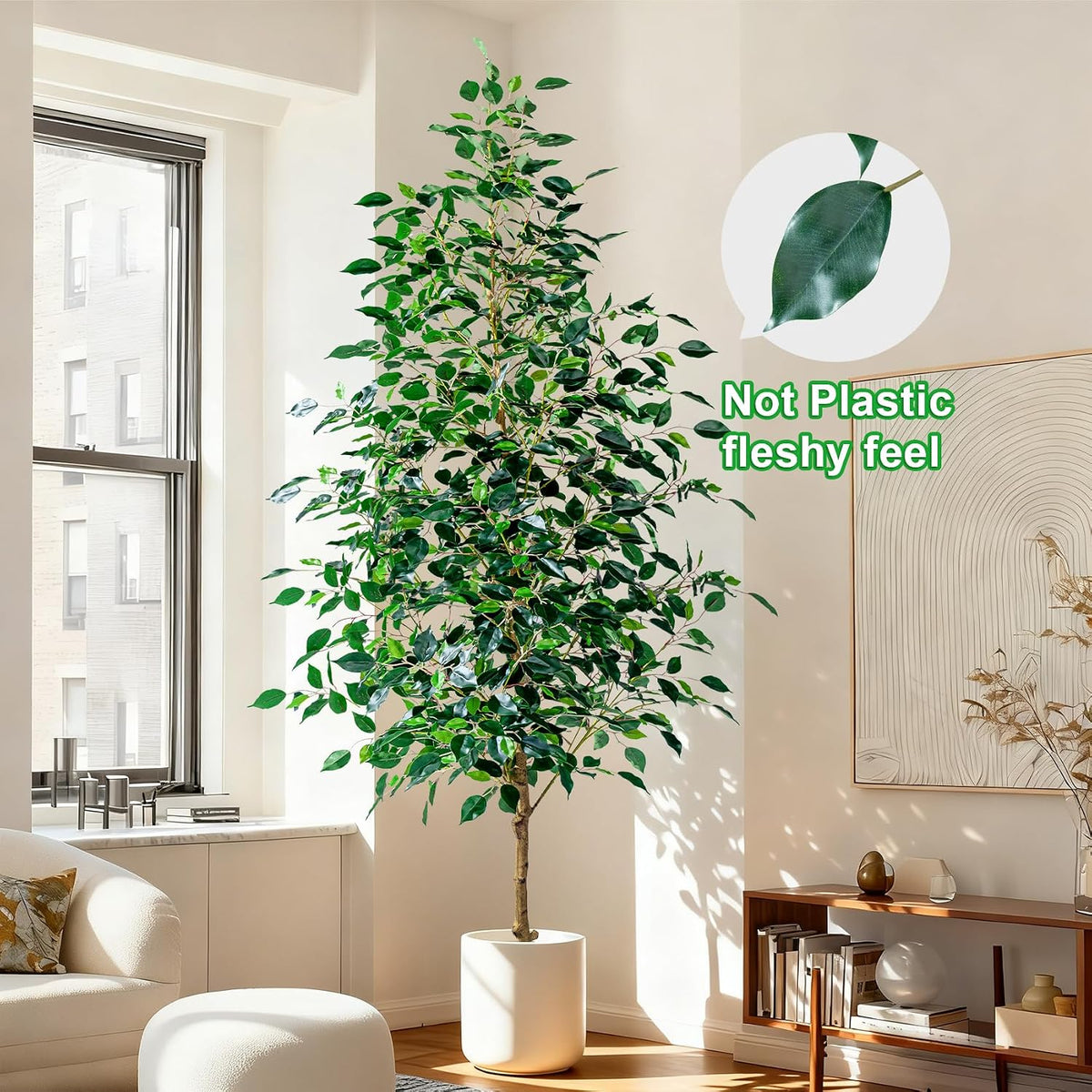 Artificial Ficus Tree Indoor 4ft, Large Potted Faux Tree with Realistic Silk Leaves & Trunk for Home Office, Living Room Corner Decor