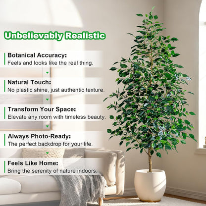 Artificial Ficus Tree Indoor 4ft, Large Potted Faux Tree with Realistic Silk Leaves & Trunk for Home Office, Living Room Corner Decor