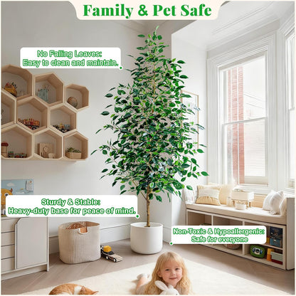 Artificial Ficus Tree Indoor 4ft, Large Potted Faux Tree with Realistic Silk Leaves & Trunk for Home Office, Living Room Corner Decor
