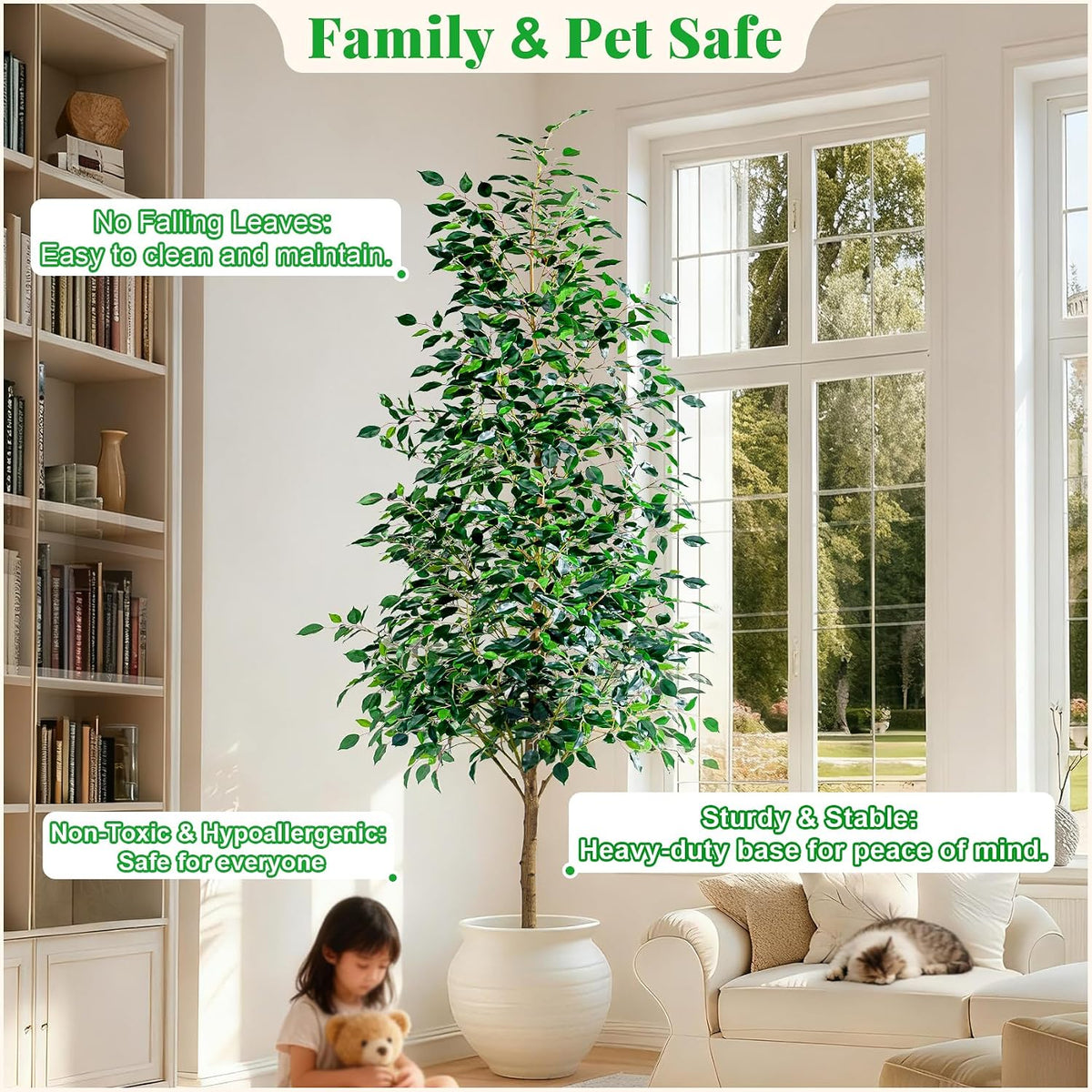 Artificial Ficus Tree Indoor 4ft, Large Potted Faux Tree with Realistic Silk Leaves & Trunk for Home Office, Living Room Corner Decor