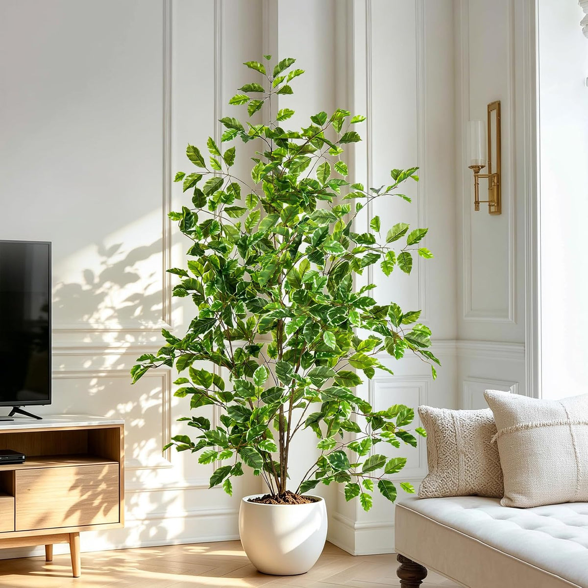 Artificial Ficus Tree Indoor 4ft, Large Potted Faux Tree with Realistic Silk Leaves & Trunk for Home Office, Living Room Corner Decor