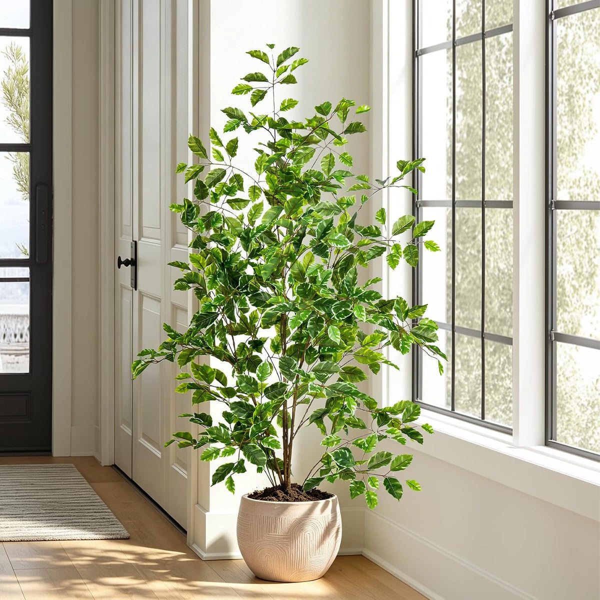 Artificial Ficus Tree Indoor 4ft, Large Potted Faux Tree with Realistic Silk Leaves & Trunk for Home Office, Living Room Corner Decor