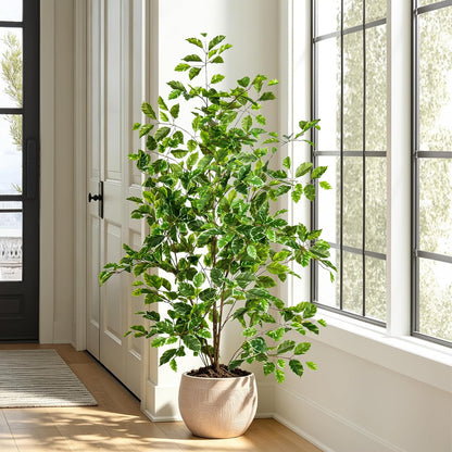 Artificial Ficus Tree Indoor 4ft, Large Potted Faux Tree with Realistic Silk Leaves & Trunk for Home Office, Living Room Corner Decor