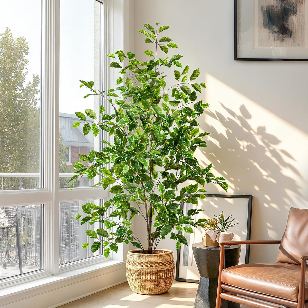 Artificial Ficus Tree Indoor 4ft, Large Potted Faux Tree with Realistic Silk Leaves & Trunk for Home Office, Living Room Corner Decor