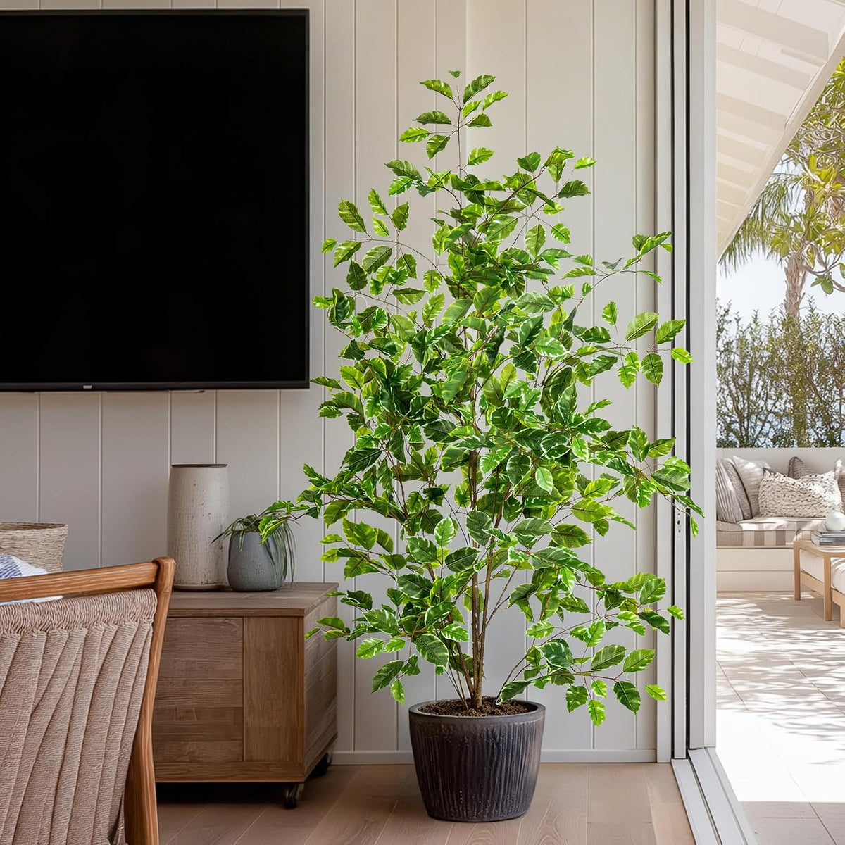 Artificial Ficus Tree Indoor 4ft, Large Potted Faux Tree with Realistic Silk Leaves & Trunk for Home Office, Living Room Corner Decor