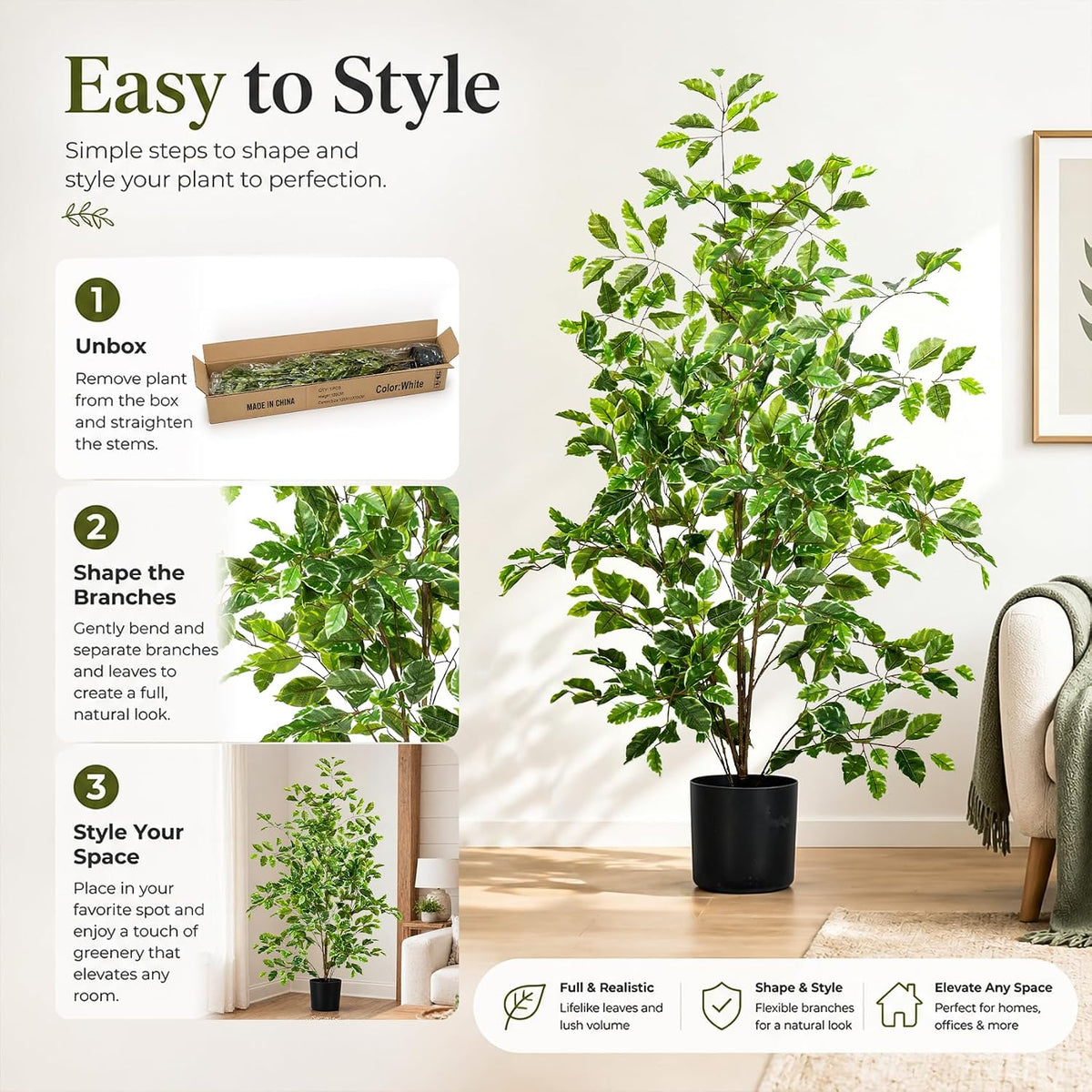 Artificial Ficus Tree Indoor 4ft, Large Potted Faux Tree with Realistic Silk Leaves & Trunk for Home Office, Living Room Corner Decor