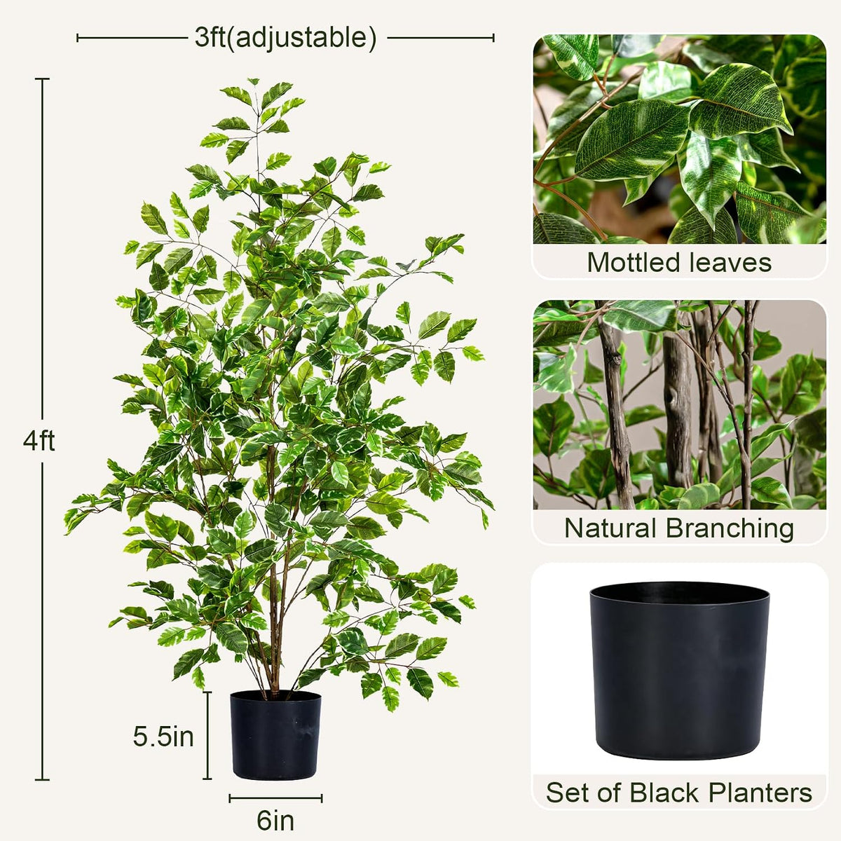 Artificial Ficus Tree Indoor 4ft, Large Potted Faux Tree with Realistic Silk Leaves & Trunk for Home Office, Living Room Corner Decor