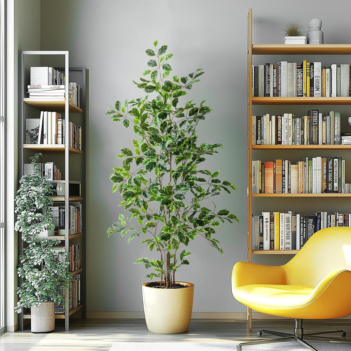 Artificial Ficus Tree Indoor 4ft, Large Potted Faux Tree with Realistic Silk Leaves & Trunk for Home Office, Living Room Corner Decor