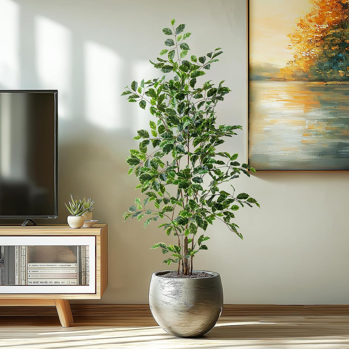 Artificial Ficus Tree Indoor 4ft, Large Potted Faux Tree with Realistic Silk Leaves & Trunk for Home Office, Living Room Corner Decor