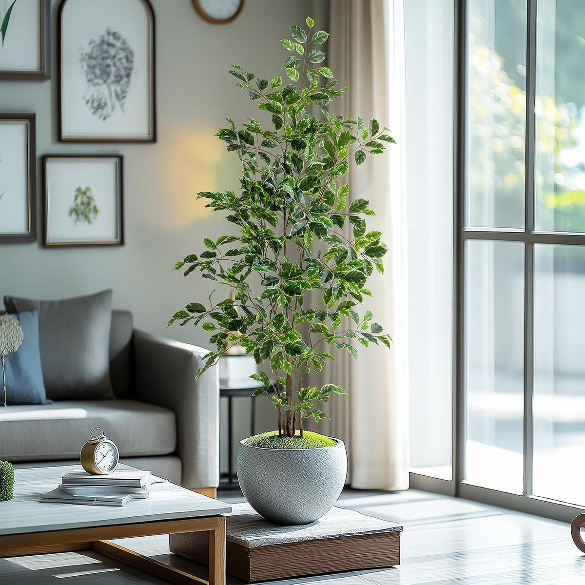 Artificial Ficus Tree Indoor 4ft, Large Potted Faux Tree with Realistic Silk Leaves & Trunk for Home Office, Living Room Corner Decor