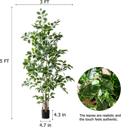 Artificial Ficus Tree Indoor 4ft, Large Potted Faux Tree with Realistic Silk Leaves & Trunk for Home Office, Living Room Corner Decor
